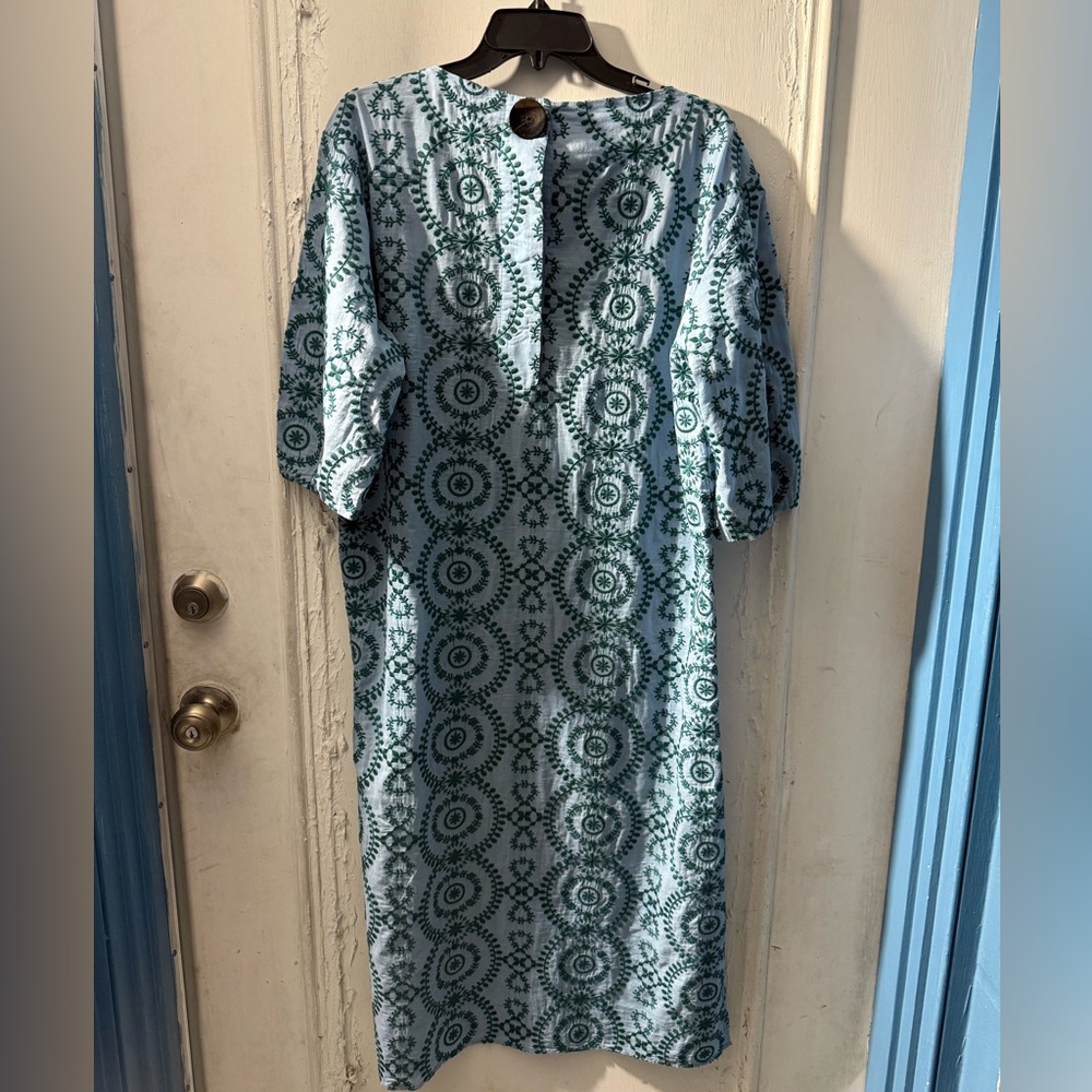 Zara Woman Blue Cotton with Green Embroidery Tunic Midi Dress